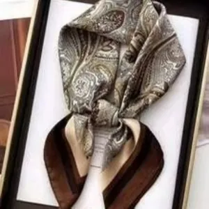 British style paisley silk scarf in brown and khaki with elegant vintage fold details