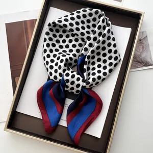 Classic white silk-like square scarf with black polka dots and red-blue striped border