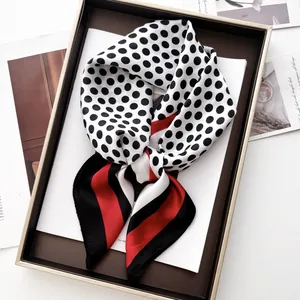 Classic polka dot satin square scarf with red stripe trim in a premium gift box
