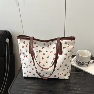 Sac Fourre-tout Vintage à Imprimé Cerise Grande Capacité en Cuir PU Sac à Épaule pour Femme Mode Décontractée