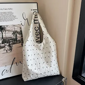 Women Bowknot Tote Bag Pleated Seersucker Jacquard Fabric Large Capacity Shoulder Bag Sweet Cool Y2K Style Commuting Handbag