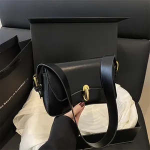 Women French Minimalist PU Leather Underarm Bag Solid Color Shoulder Bag With Gold Metal Lock Fashion Daily Commuting Square Handbag