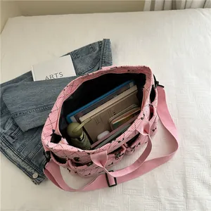 Sac fourre-tout en velours rose avec broderie losange et grande capacité de rangement