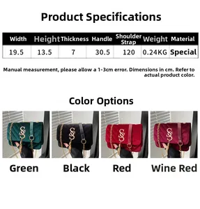 Detailed size chart for quilted velvet crossbody bag with chain strap and S logo