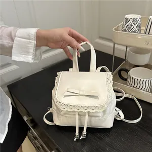 Sac à Dos Femme Doux avec Dentelle et Nœud en Cuir PU Style Coréen Quotidien Mode Décontracté Sac de Voyage Fille