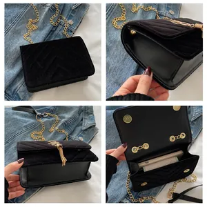 Detailed views of black quilted velvet chain bag with golden logo and tassel charm