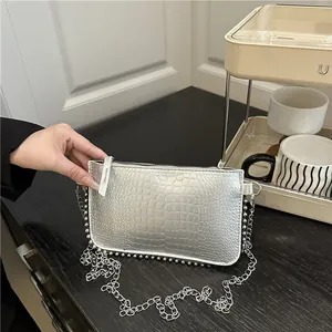 Women Crocodile Pattern PU Leather Underarm Bag Chain Shoulder Crossbody Bag With Rivet Decor Small Square Handbag