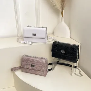 Women Retro Croc Pattern Small Square Bag PU Leather Crossbody Shoulder Bag With Silver Chain Strap Metal Lock Handbag