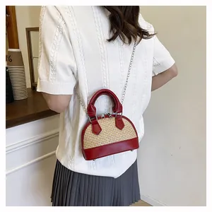 Detail of mini woven shell bag with red leather trim and silver chain strap