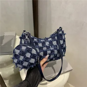 Checkered Denim Shoulder Bag For Women Frayed Edge Fringe Crescent Armpit Bag With Round Coin Purse Vintage Streetwear