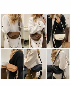 Détails du sac selle pour femme en quatre couleurs avec bandoulière large et boucles dorées