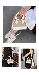 Detail of mini shell bag showing woven straw texture and white leather patchwork with chain