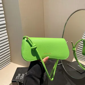Women PU Leather Underarm Bag Summer Knotted Strap Bag Letter Print Litchi Grain Baguette Bag Minimalist Crossbody Bag