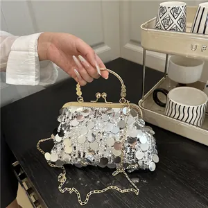 Luxury Round Sequin Evening Bag For Women Retro Metal Handle Gold Chain Clutch Handbag Party Banquet Wedding Shoulder Crossbody Bag