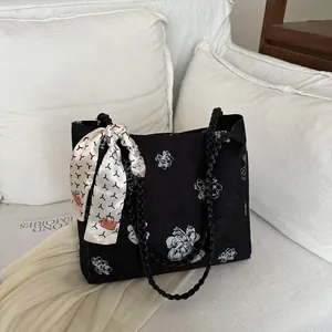Women Floral Print Nylon Tote Bag With Braided Handle Decorative Satin Scarf Large Capacity Fashion Shoulder Handbag Gift
