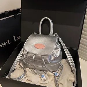 Women Retro Preppy Style Mini Backpack PU Leather Contrast Color Drawstring Bucket Bag Fashion Handbag Casual Versatile Daypack