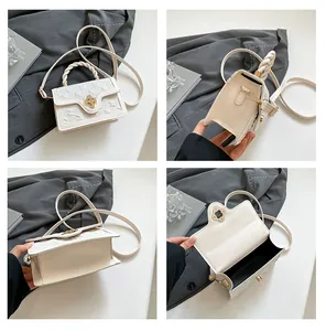 Detail view of mini cream handbag with woven handle, clover clasp, and various angles