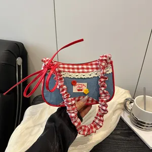 Sweet Vintage Denim Gingham Patchwork Underarm Bag For Women Cherry Embroidery Lace Trim Plaid Shoulder Bag Casual Daily Tote Handbag