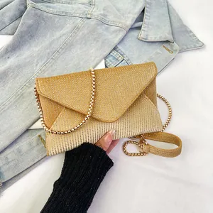 Champagne gold rhinestone envelope evening clutch bag with chain strap and handle