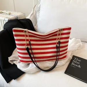 Women Fashion Striped Canvas Tote Bag Large Capacity Shoulder Bag With Gold Metal Chain Leather Strap Casual Shopping Bag