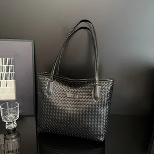 Women Large Capacity Woven PU Leather Tote Bag Fashion Shoulder Handbag For Daily Commute Versatile Lady Shopping Bag