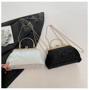 Exquisite floral jacquard evening bags with engraved metal handles in black and silver