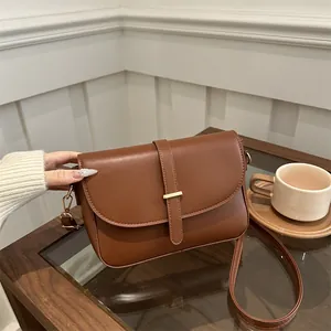 Vintage PU Leather Saddle Bag For Women Fashion Stitching Belt Design Shoulder Bag With Gold Buckle Casual Crossbody Bag