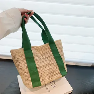 Sac Fourre-tout en Paille Tissée Été pour Femmes Poignée en Toile Contrastée Style Pastoral Sac de Plage Léger Décontracté