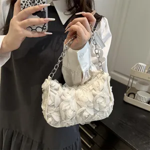 Elegant white shoulder bag with 3D floral texture and silver chain strap for women