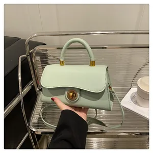 Detailed shot of mint green PU leather square bag with vintage gold clasp and top handle