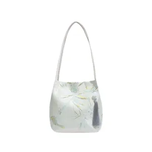 Bamboo jacquard Chinese style shoulder bag in pale green with elegant leaf pattern