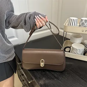 Women Retro Underarm Bag PU Leather Solid Color Metal Lock Single Shoulder Bag Elegant Minimalist Summer Fashion Handbag