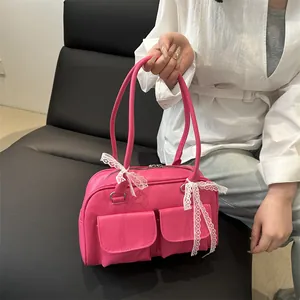 Sac Sous le Bras Mode Femme en Cuir PU Grande Capacité Nœud en Dentelle Forme Oreiller Sac à Main Bandoulière Style Rétro pour Quotidien