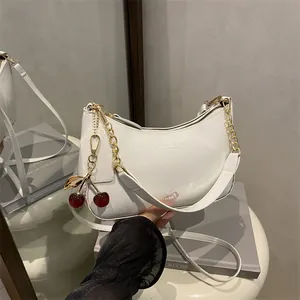 Women Patent Leather Underarm Bag Glossy PU Shoulder Bag With Cherry Charm Gold Chain Strap Streetwear Fashion Crossbody Bag