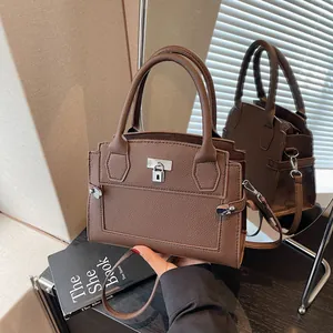 Fashion Litchi Grain PU Leather Handbag For Women Elegant Metal Lock Crossbody Shoulder Bag Retro Minimalist Commute Top Handle Tote