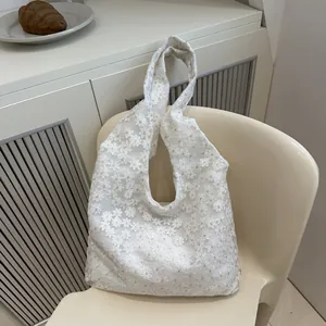 Women Large Capacity Lace Tote Bag Floral Embroidery Mesh Shoulder Bag Artistic French Vintage Summer Beach Hobo Handbag