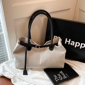 Women Large Capacity Knitted Fabric Tote Bag Contrast PU Leather Shoulder Bag Underarm Handbag For Office Daily Travel