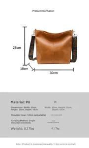 Detailed size chart for brown PU tote bag with dimensions 30x25x18cm and adjustable strap