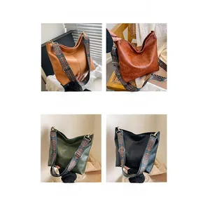 Collage of four vintage tote bags with colorful ethnic style woven shoulder straps