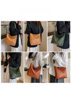 Detailed views of the large capacity tote bag in yellow, green, and caramel with strap