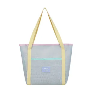 Summer mesh tote bag in colorful pastel blocks for beach travel and outdoor storage