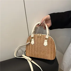 Bolso de Mano de Paja Tejida para Mujer Forma de Concha Correa de Cuero PU Verano Playa Vacaciones Casual