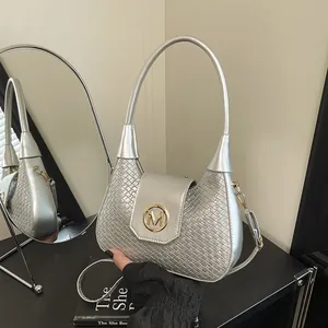 Women Woven Texture Shoulder Bag Metal M Logo PU Leather Hobo Underarm Bag Fashion Crossbody Handbag Commuter Satchel