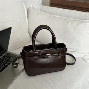 Women Vintage PU Leather Bucket Bag Minimalist Shoulder Crossbody Handbag Belt Buckle Silver Hardware Daily Work Purse