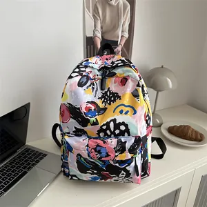 Women Lightweight Nylon Backpack Casual Graffiti Printed School Bag With Heart Tropical Pattern Large Capacity Student Bookbag