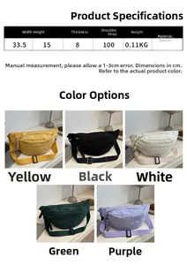Corduroy chest bag size chart and multi-color options including yellow, black and purple