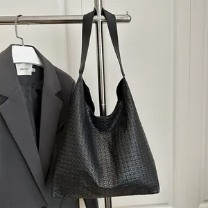 Women Vintage Woven PU Leather Tote Bag Large Capacity Hobo Shoulder Bag Minimalist Commute Underarm Bag Fashion Handbag