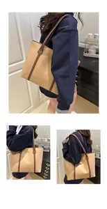 Detail shots of a large contrast-stitch tote bag with beige body and dark brown handles
