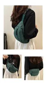 Detailed views of dark green corduroy chest bag showing crossbody and waist carry styles