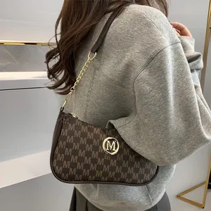 Trendy M Letter Monogram Underarm Bag For Women Vintage PU Leather Shoulder Bag With Gold Chain Strap And Metal Logo